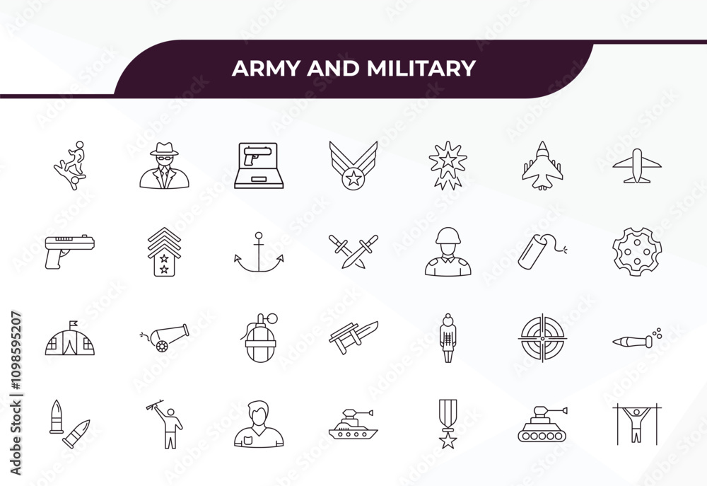 Poster fully editable outline icon collection from army and military concept. thin line icons set such as a
