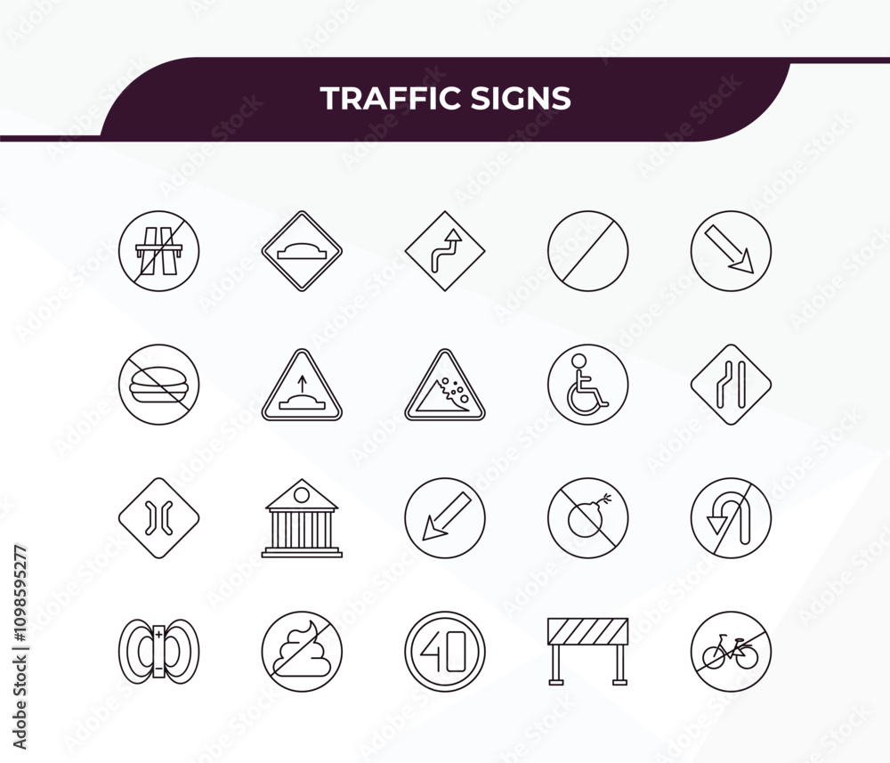 Poster fully editable outline icon collection from traffic signs concept. thin line icons set such as end m