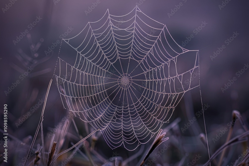 Poster a spider web surrounded by greenery and grass in the middle of a field