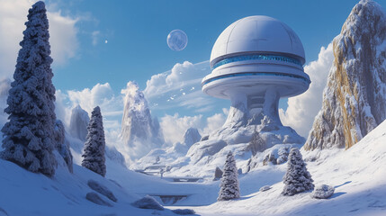 Surreal Christmas Landscape with Vibrant Colors and Dreamlike Atmosphere