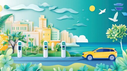 Fototapeta premium A scenic coastal town with electric vehicle charging stations and solar-powered streetlights, representing sustainable tourism, Simplified flat paper art illustration of