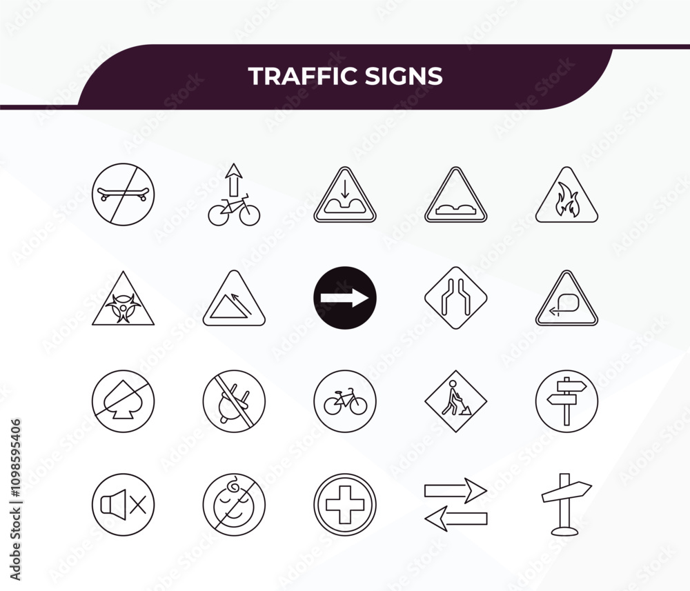 Poster fully editable outline icon collection from traffic signs concept. thin line icons set such as no sk