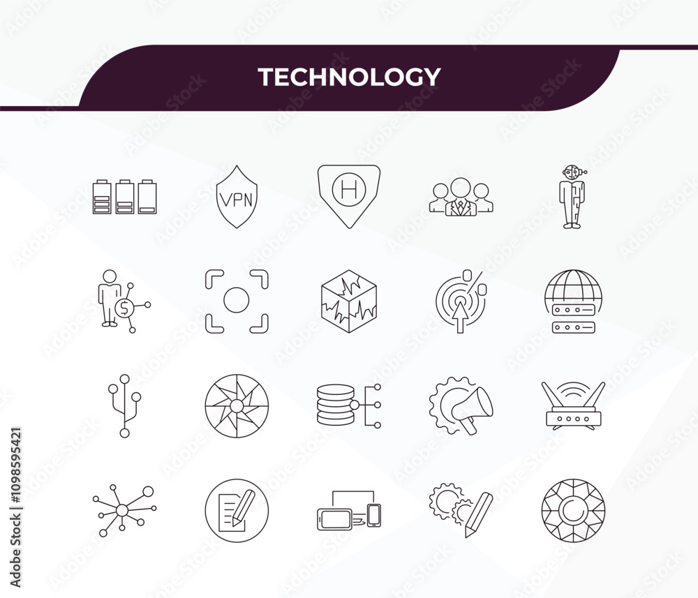 Poster fully editable outline icon collection from technology concept. thin line icons set such as battery 