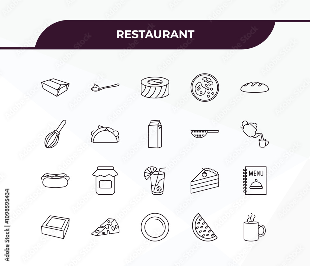 Poster fully editable outline icon collection from restaurant concept. thin line icons set such as food box