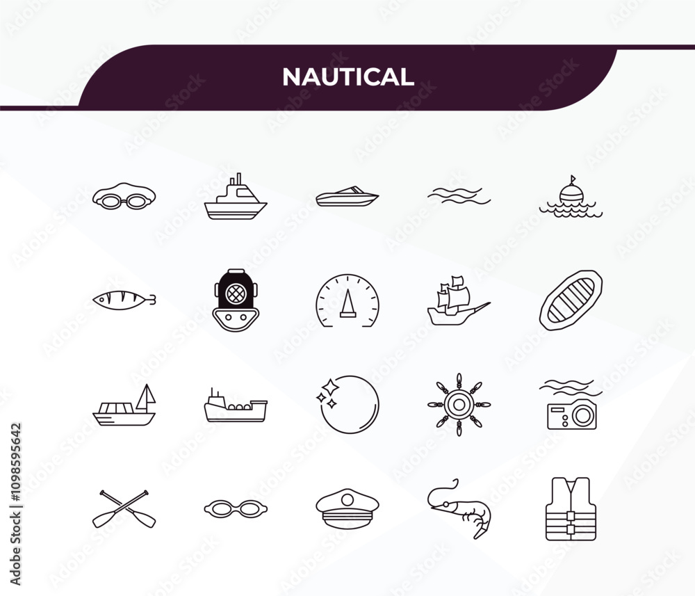 Poster fully editable outline icon collection from nautical concept. thin line icons set such as one suroar