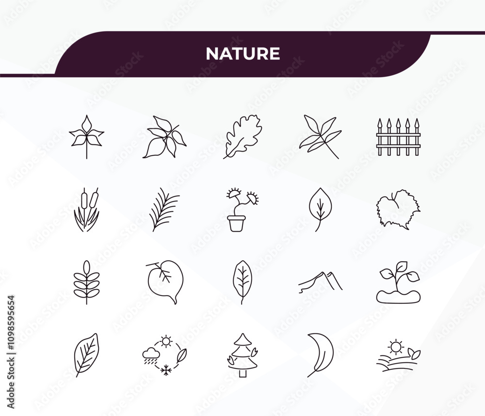Poster fully editable outline icon collection from nature concept. thin line icons set such as sprig with f
