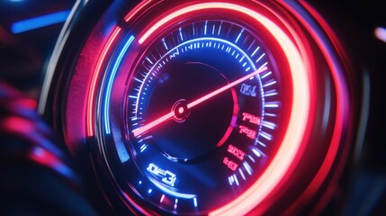 Colorful illuminated dashboard gauge displaying speed and performance levels in a modern vehicle setting