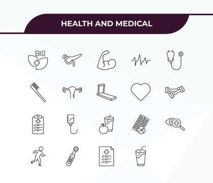 fully editable outline icon collection from health and medical concept. thin line icons set such as bio, pancreas, dumbbells, medical file, juice,