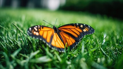 Obraz premium A butterfly perched on a lush green field, perfect for nature-inspired designs and illustrations