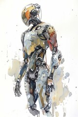 A detailed illustration of a humanoid robot with metallic features, showcasing futuristic design and intricate mechanical components.