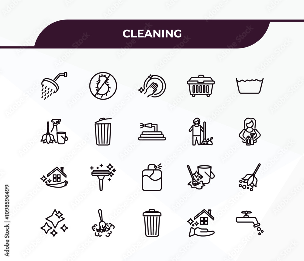 Poster fully editable outline icon collection from cleaning concept. thin line icons set such as shower hea