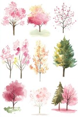 A collection of watercolor tree illustrations showcasing diverse species in vibrant colors, perfect for nature-themed designs.