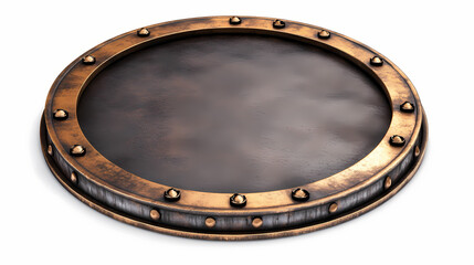 Obraz premium Empty metal plate with brass border, isolated on a white background. steampunk style. clipping path included. Steampunk. Illustration