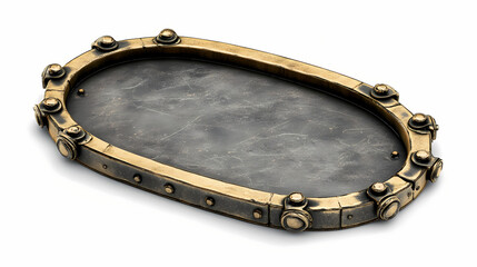 Obraz premium Empty metal plate with brass border, isolated on a white background. steampunk style. clipping path included. Steampunk. Illustration
