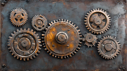 Industrial abstract steampunk gears on grunge effect background, cogs wheels and clock parts. Steampunk. Illustration