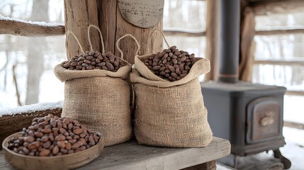 Rustic burlap sacks of cocoa beans near a vintage stove, with snow softly falling outside a cabin window
