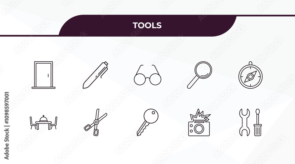Poster fully editable outline icon collection from tools concept. thin line icons set such as doors, writin