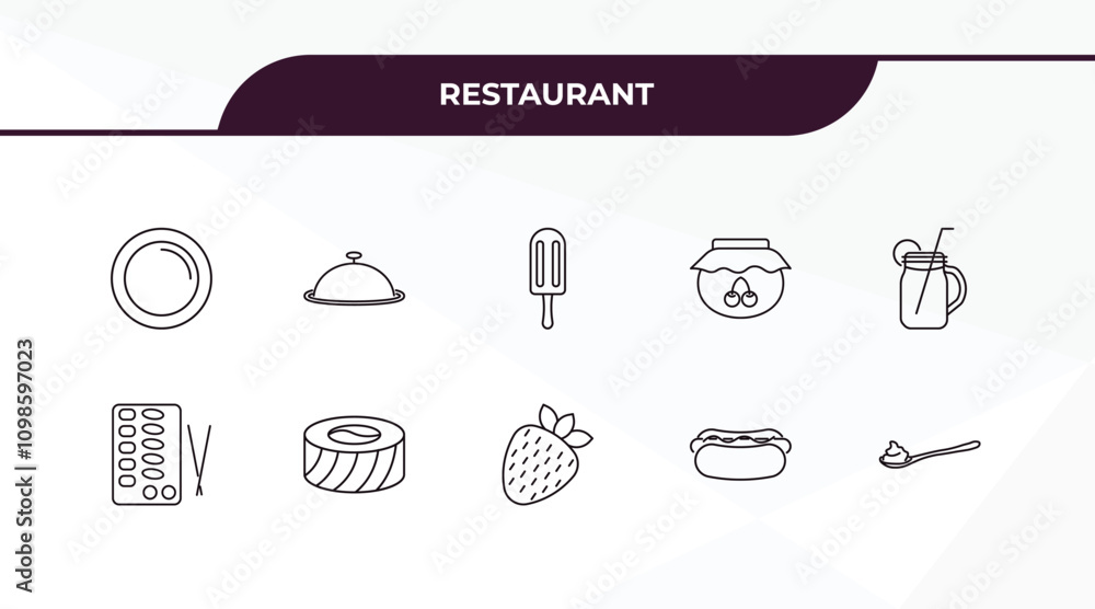Poster fully editable outline icon collection from restaurant concept. thin line icons set such as round pl