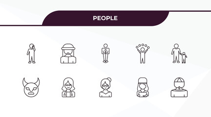 fully editable outline icon collection from people concept. thin line icons set such as man talking with phone, bedouin, devil mask, delivery woman, amazonian,