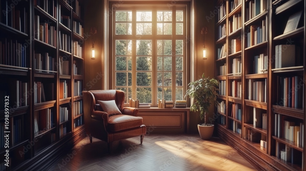 Poster an elegant library filled with books and a warm reading nook by the window