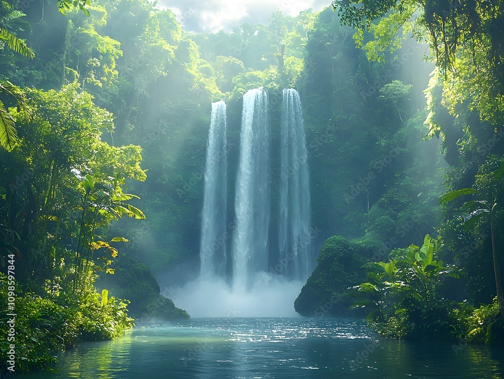 Poster Majestic Waterfall Flowing Through Lush Jungle with Sunlight Filtering Through Canopy, Creating Mystical Atmosphere Surrounded by Vibrant Green Foliage and Serenity