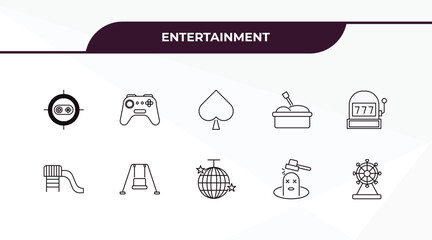 fully editable outline icon collection from entertainment concept. thin line icons set such as shooting game, gamepad, toboggan, whack a mole, ferris wheel,