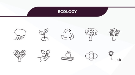 fully editable outline icon collection from ecology concept. thin line icons set such as raining, eco plant, tree with hearts, eco power cells, solar plug,