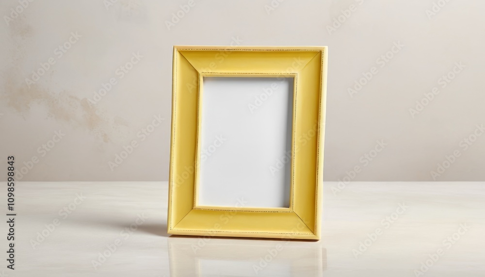 Poster empty square photo frame with yellow border placed on a smooth surface, inviting personal memories a