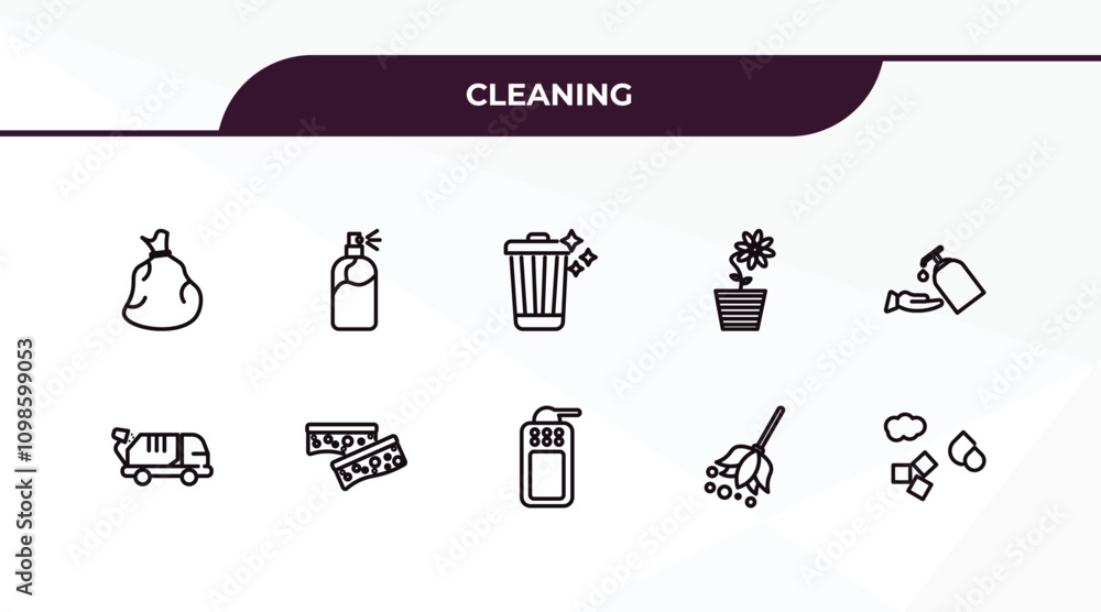 Poster fully editable outline icon collection from cleaning concept. thin line icons set such as trash bag,