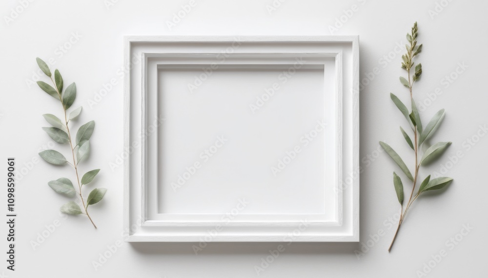Poster empty square wooden frame surrounded by green leaves in a minimalist setting on a light background
