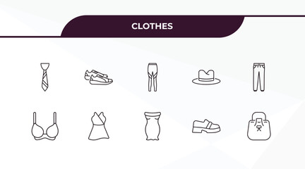 fully editable outline icon collection from clothes concept. thin line icons set such as tie, sneaker, bra, loafer, bucket bag,