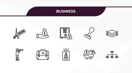 Naklejka premium fully editable outline icon collection from business concept. thin line icons set such as hair salon, purpose of saving money, man looking, proof of work, structure,