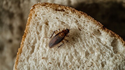 Cockroach crawling on slice of bread representing pest control and food contamination