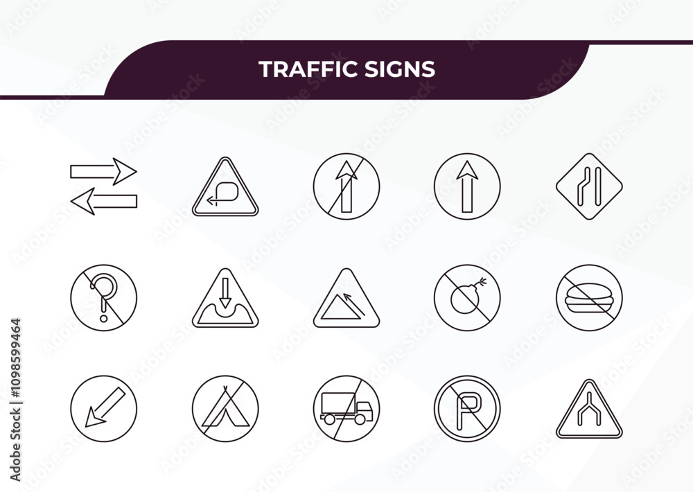 Poster fully editable outline icon collection from traffic signs concept. thin line icons set such as two w