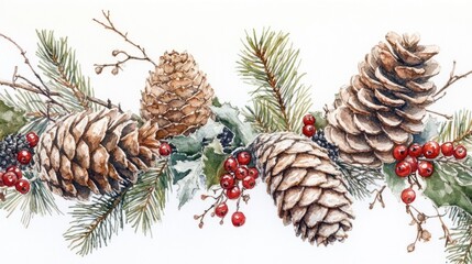 Fototapeta premium A beautiful arrangement of pine cones and berries on a branch, perfect for nature-inspired designs