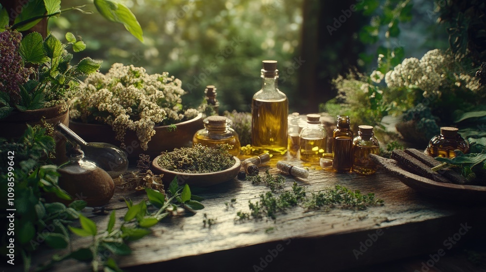 Poster An array of herbal remedies and essential oils displayed on a wooden table, surrounded by greenery