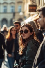 Obraz premium A woman wearing trendy sunglasses stands among a group of people, possibly at an event or party