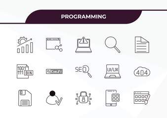 fully editable outline icon collection from programming concept. thin line icons set such as seo growth, sharing, binary file, mobile app, theme,