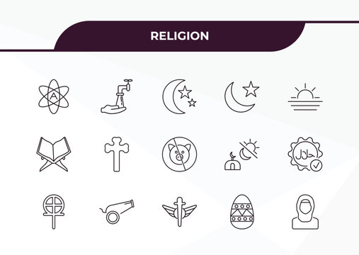 fully editable outline icon collection from religion concept. thin line icons set such as atheism, wudu, mushaf, easter eggs, hijab,