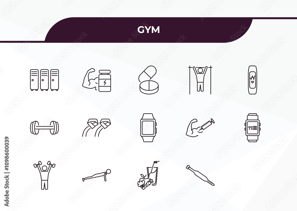 Poster fully editable outline icon collection from gym concept. thin line icons set such as locker, , train