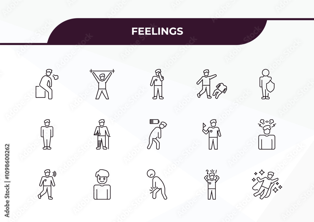 Poster fully editable outline icon collection from feelings concept. thin line icons set such as drained hu