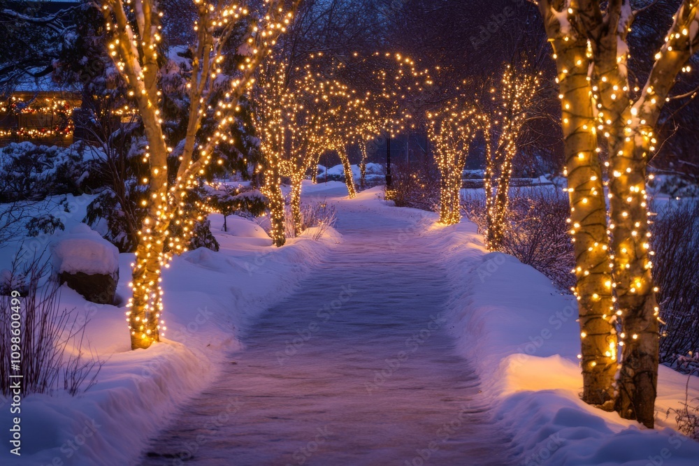 Poster a serene winter scene featuring a snow-covered path lined with trees adorned in glowing lights, crea