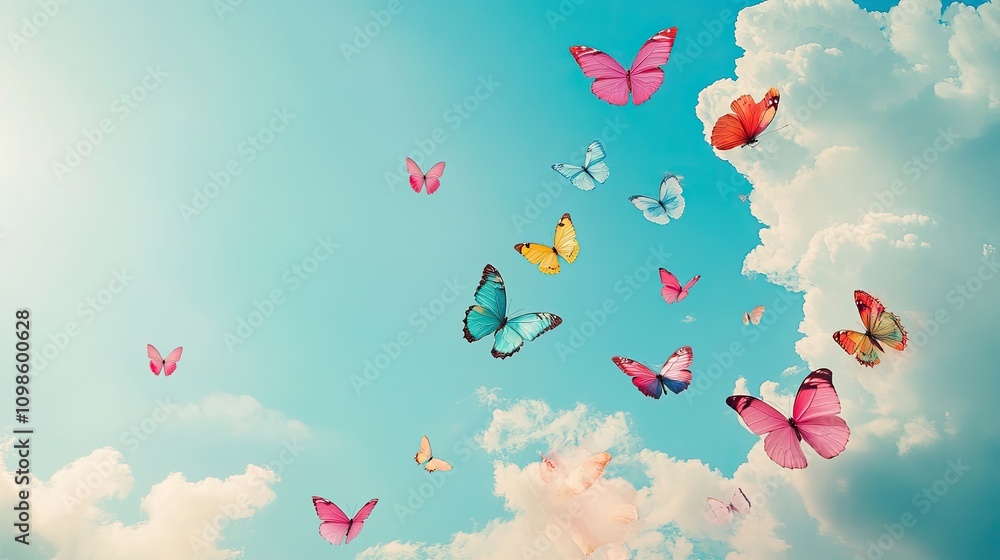 Poster a whimsical corner border adorned with colorful butterflies and soft clouds