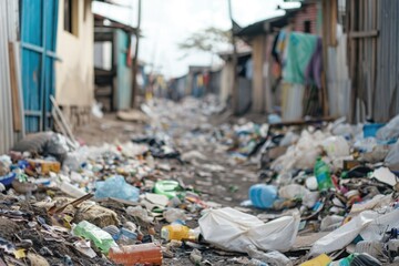 A collection of trash and debris on the side of a road, with discarded items like plastic bottles and bags