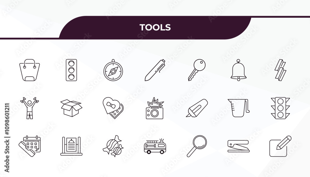 Poster fully editable outline icon collection from tools concept. thin line icons set such as bag with big 