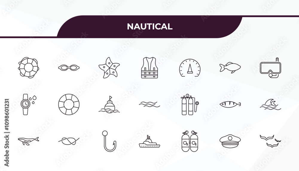 Poster fully editable outline icon collection from nautical concept. thin line icons set such as prawn faci