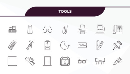 fully editable outline icon collection from tools concept. thin line icons set such as packing hine, pepper container, battery charging, air conditioning, tattoo,