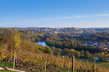 Scenic Autumn View of Benningen, Germany A Hilltop Perspective Overlooking the Neckar River and...