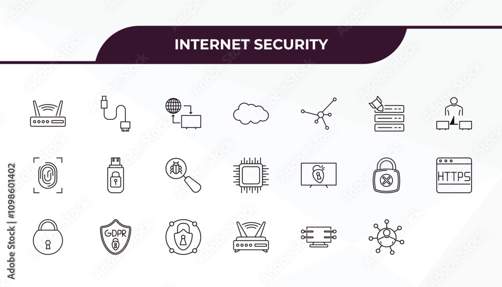 Poster fully editable outline icon collection from internet security concept. thin line icons set such as m