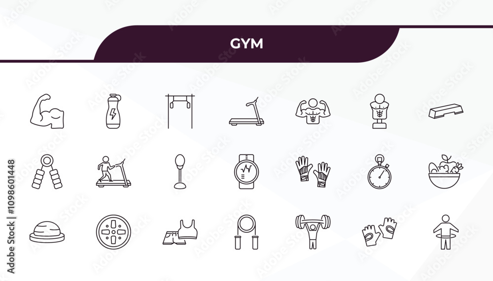 Poster fully editable outline icon collection from gym concept. thin line icons set such as muscles, isoton